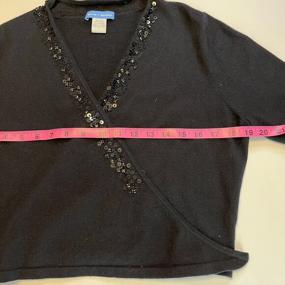 White + Warren Black Silk Blend Beaded Tie Front Cropped Shrug Sweater Size L - Picture 8 of 9